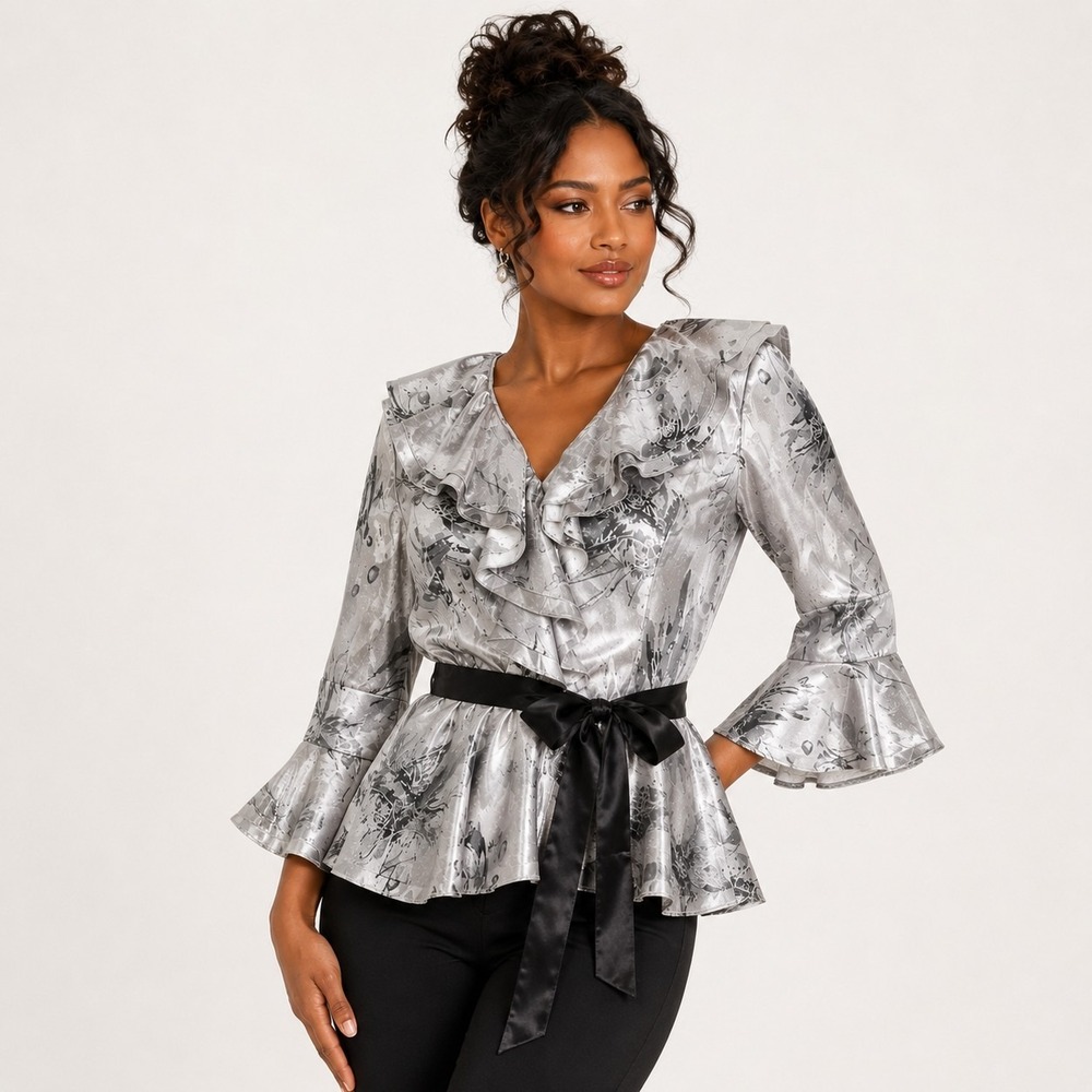 Victor Costa Blouse 10 Silver Black Ruffle Peplum Lined Belt Metallic Vintage